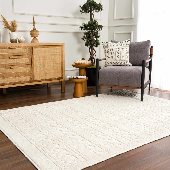 Fadey Washable Area Rug – Beige & Ivory High-Low Trellis Design, Machine Woven Medium Pile, Boho & Transitional Style Champagne Themis