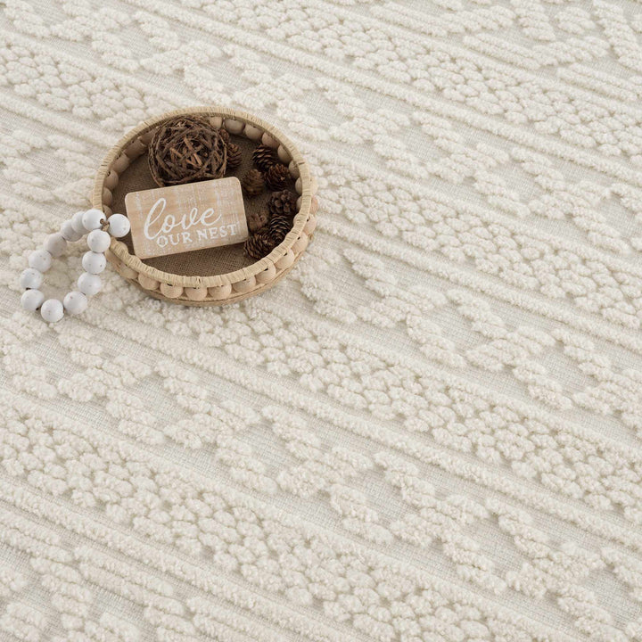 Fadey Washable Area Rug – Beige & Ivory High-Low Trellis Design, Machine Woven Medium Pile, Boho & Transitional Style Champagne Themis