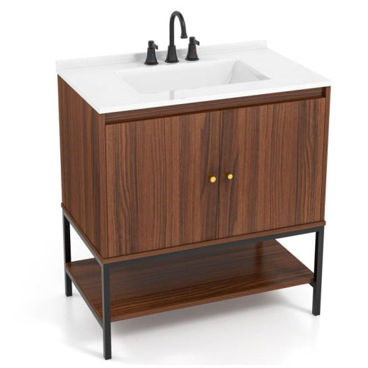 Modern Walnut Wood Bathroom Vanity with White SMC Sink, Stainless Steel Faucet & Ample Storage – 31” Vanity Cabinet with Pop-Up Drain and Anti-Toppling Safety Yellow Crius