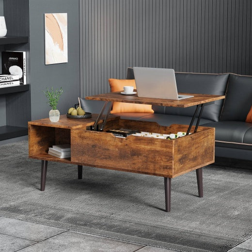 Mid-Century Modern Lift-Top Coffee Table – Laptop Desk & TV Tray in Brown Wood Finish Yellow Crius