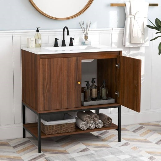 Modern Walnut Wood Bathroom Vanity with White SMC Sink, Stainless Steel Faucet & Ample Storage – 31” Vanity Cabinet with Pop-Up Drain and Anti-Toppling Safety Yellow Crius