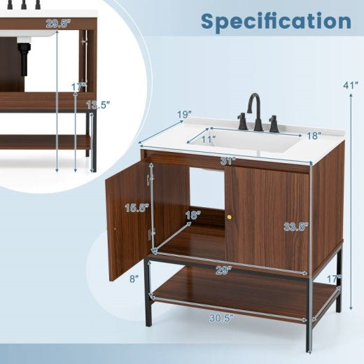Modern Walnut Wood Bathroom Vanity with White SMC Sink, Stainless Steel Faucet & Ample Storage – 31” Vanity Cabinet with Pop-Up Drain and Anti-Toppling Safety Yellow Crius