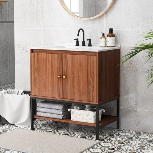 Modern Walnut Wood Bathroom Vanity with White SMC Sink, Stainless Steel Faucet & Ample Storage – 31” Vanity Cabinet with Pop-Up Drain and Anti-Toppling Safety Yellow Crius