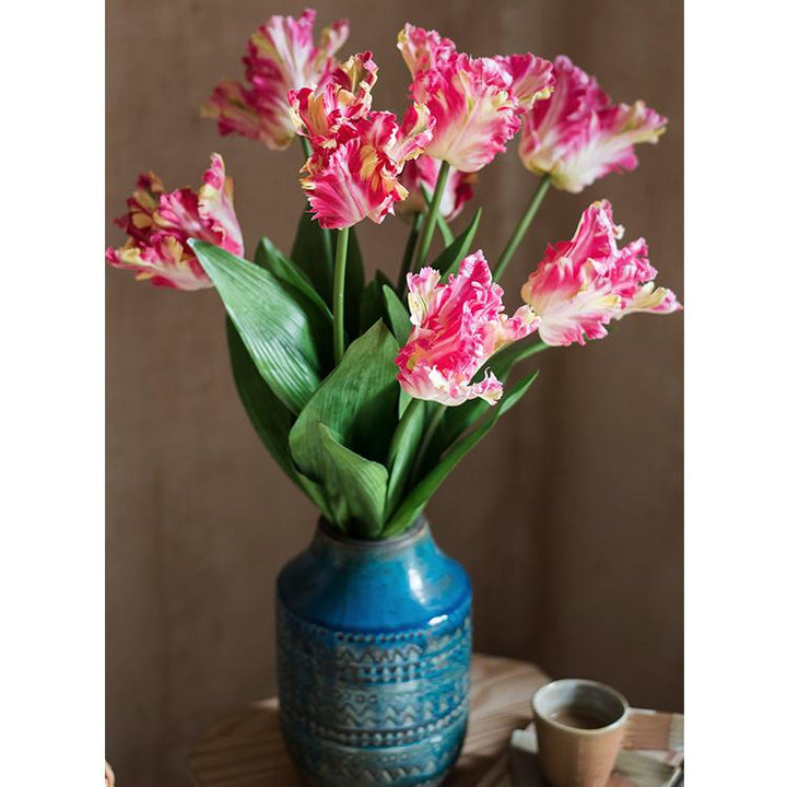 Handmade Flame Tulip Artificial Flower Stem – 23.6" Silk Faux Bloom with Green Leaves Sangria Uranus