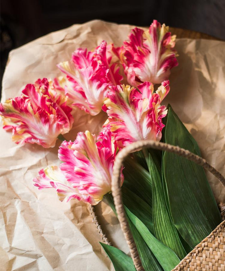 Handmade Flame Tulip Artificial Flower Stem – 23.6" Silk Faux Bloom with Green Leaves Sangria Uranus