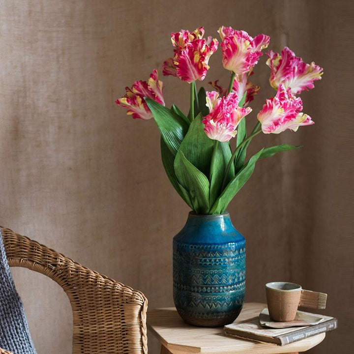 Handmade Flame Tulip Artificial Flower Stem – 23.6" Silk Faux Bloom with Green Leaves Sangria Uranus
