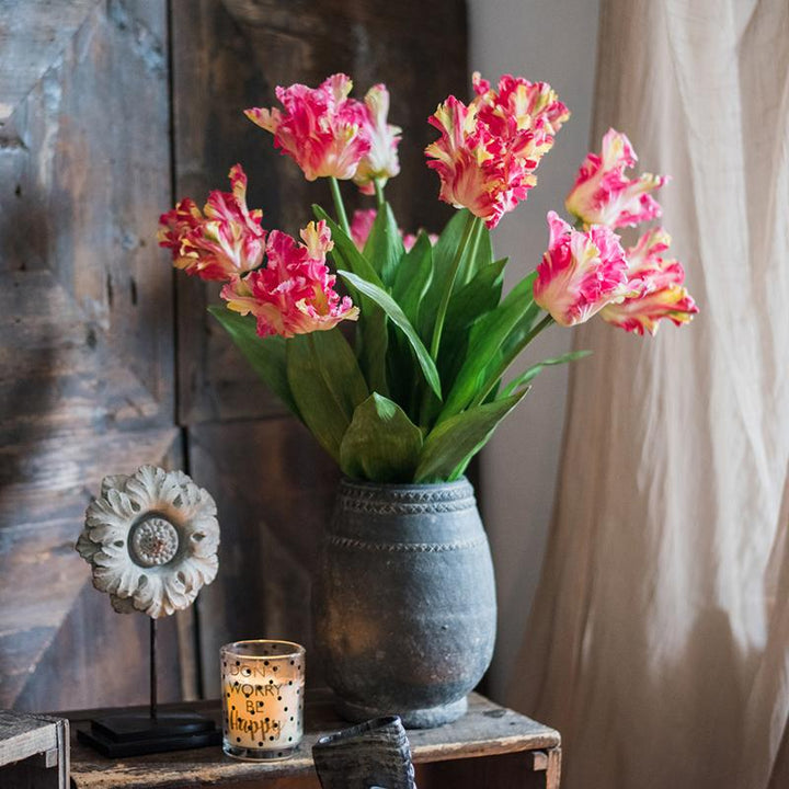 Handmade Flame Tulip Artificial Flower Stem – 23.6" Silk Faux Bloom with Green Leaves Sangria Uranus