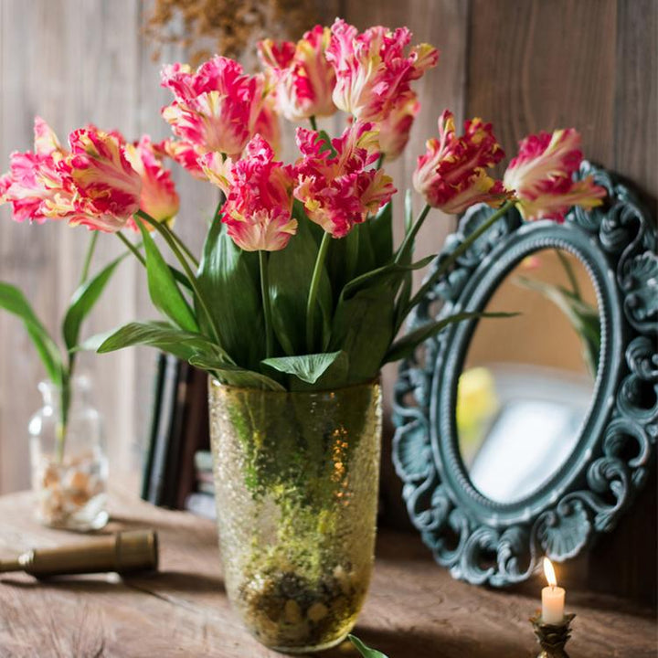 Handmade Flame Tulip Artificial Flower Stem – 23.6" Silk Faux Bloom with Green Leaves Sangria Uranus