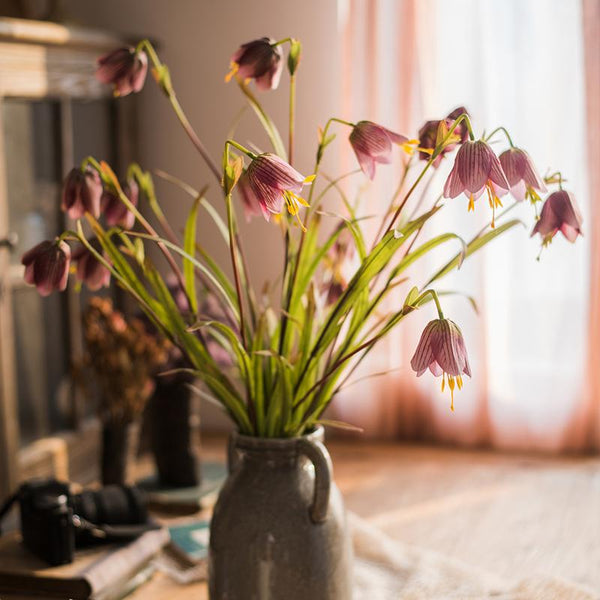 Faux Fritillaries Lily Flower Stem – Handmade Silk Artificial Lily with 3 Blooms, 26" Tall Sangria Uranus